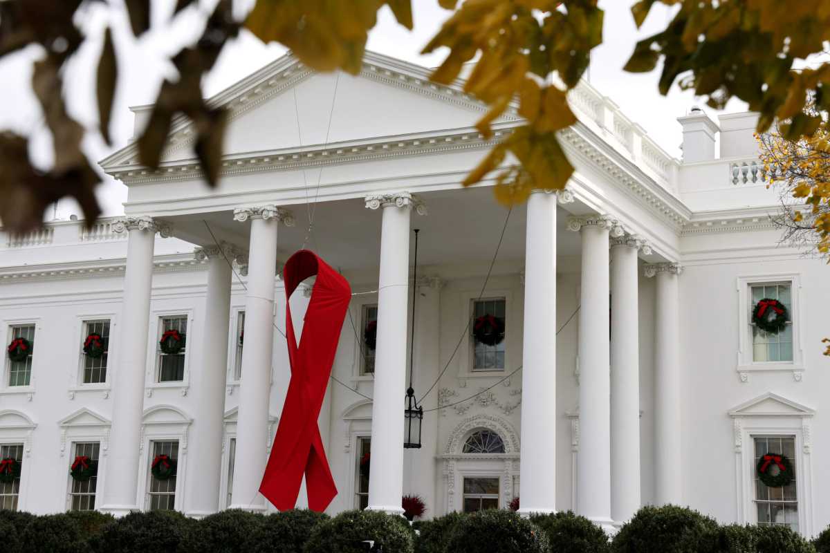 A red ribbon memorializes World AIDS Day on the White House in Washington