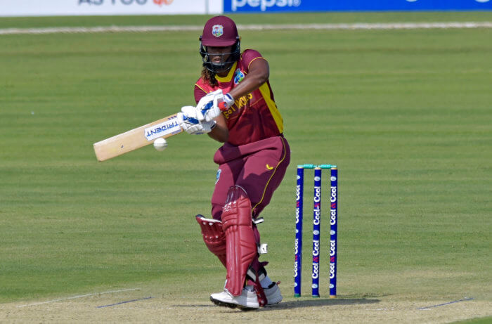 Hayley Matthews of West Indies plays a shot during the first one-day international cricket match against Pakistan at the National Stadium in Karachi, Pakistan, Monday, Nov. 8, 2021.