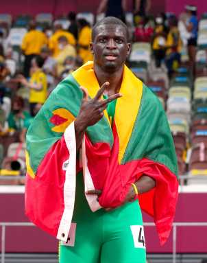 Kirani James of Grenada celebrates after winning bronze in the Men's 400m Final at the Olympic Stadium, Tokyo, Japan on Aug. 5, 2021.