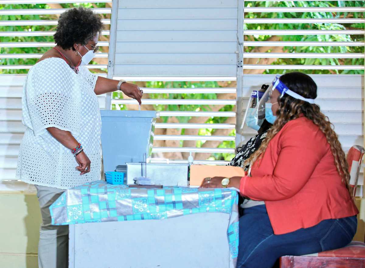 Barbados Prime Minister Mia Mottley casts her ballot to vote in St Michael