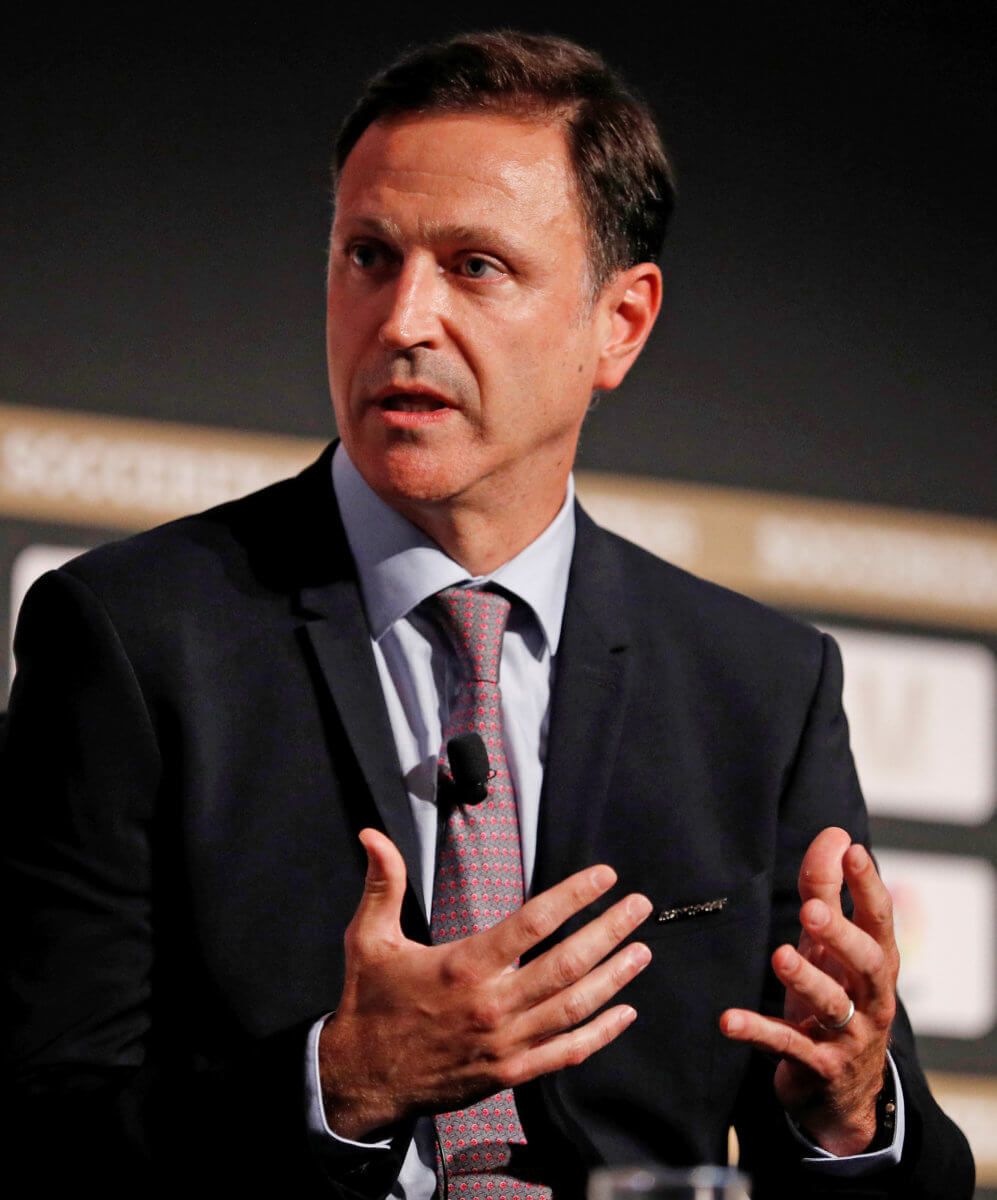 Philippe Moggio, Secretary General of CONCACAF, talks during an interview session at the Soccerex Global Convention in Manchester, Britain