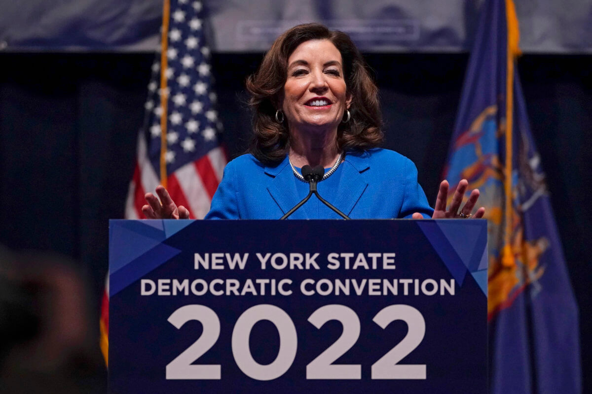 New York Governor Kathy Hochul speaks during the New York State Democratic Convention in New York, Thursday, Feb. 17, 2022.