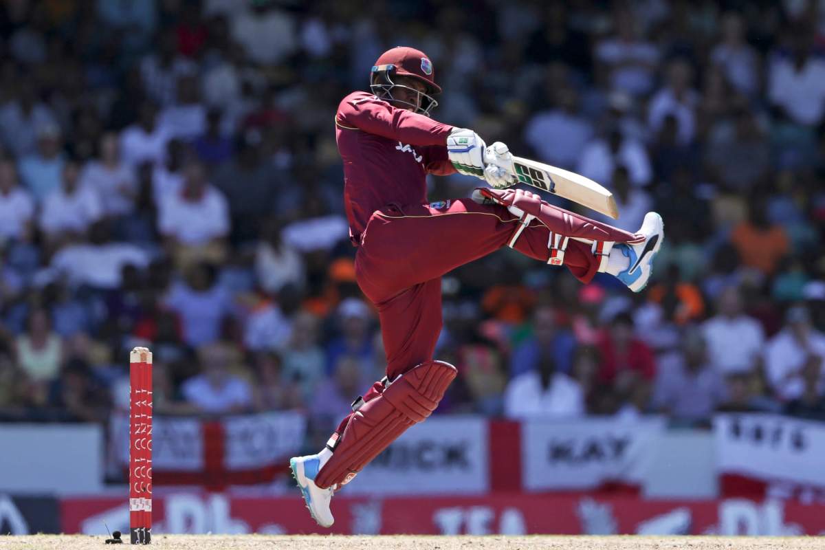 West Indies' Shimron Hetmyer plays a shot against England during the second One-Day International cricket match at the Kensington Oval in Bridgetown, Barbados, Friday, Feb. 22, 2019.