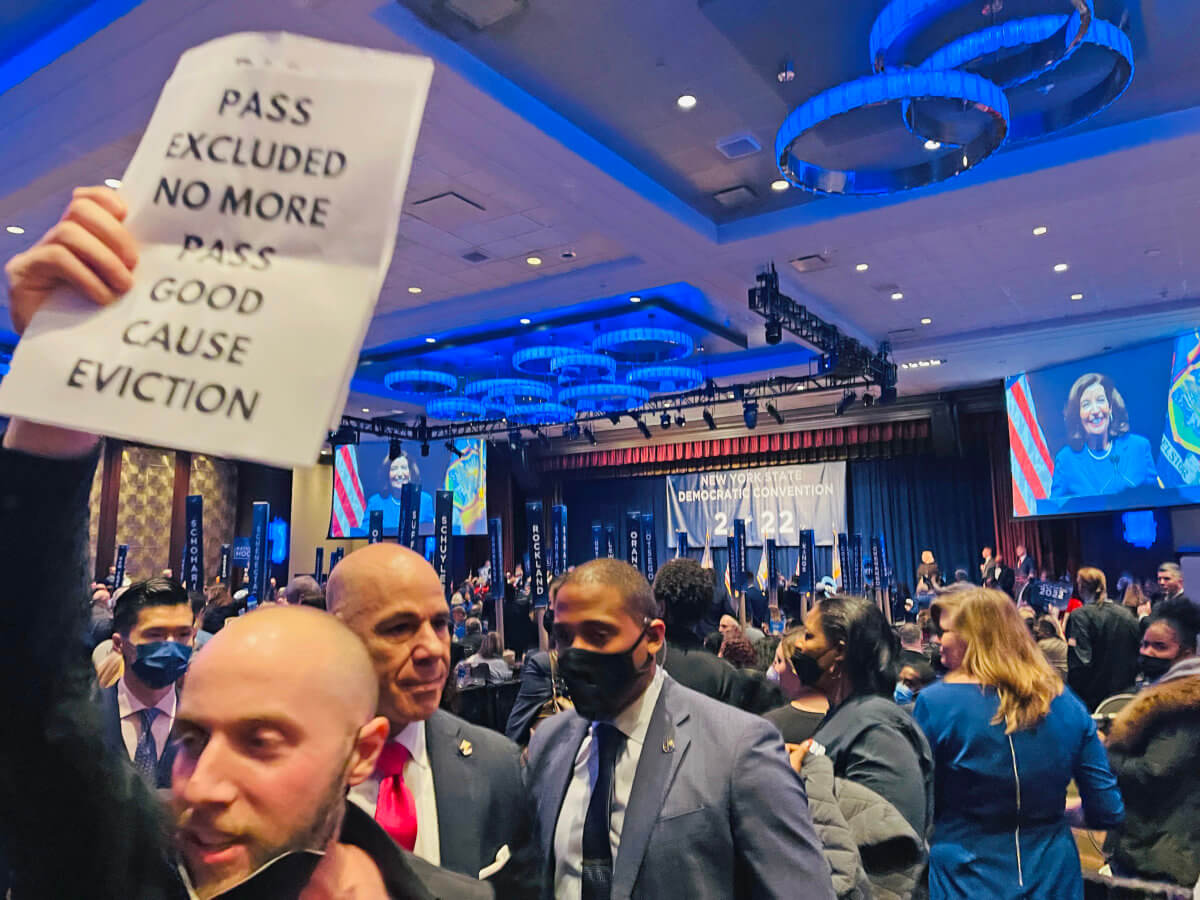 Protestors at the NYS Dem Convention. Make the Road New York