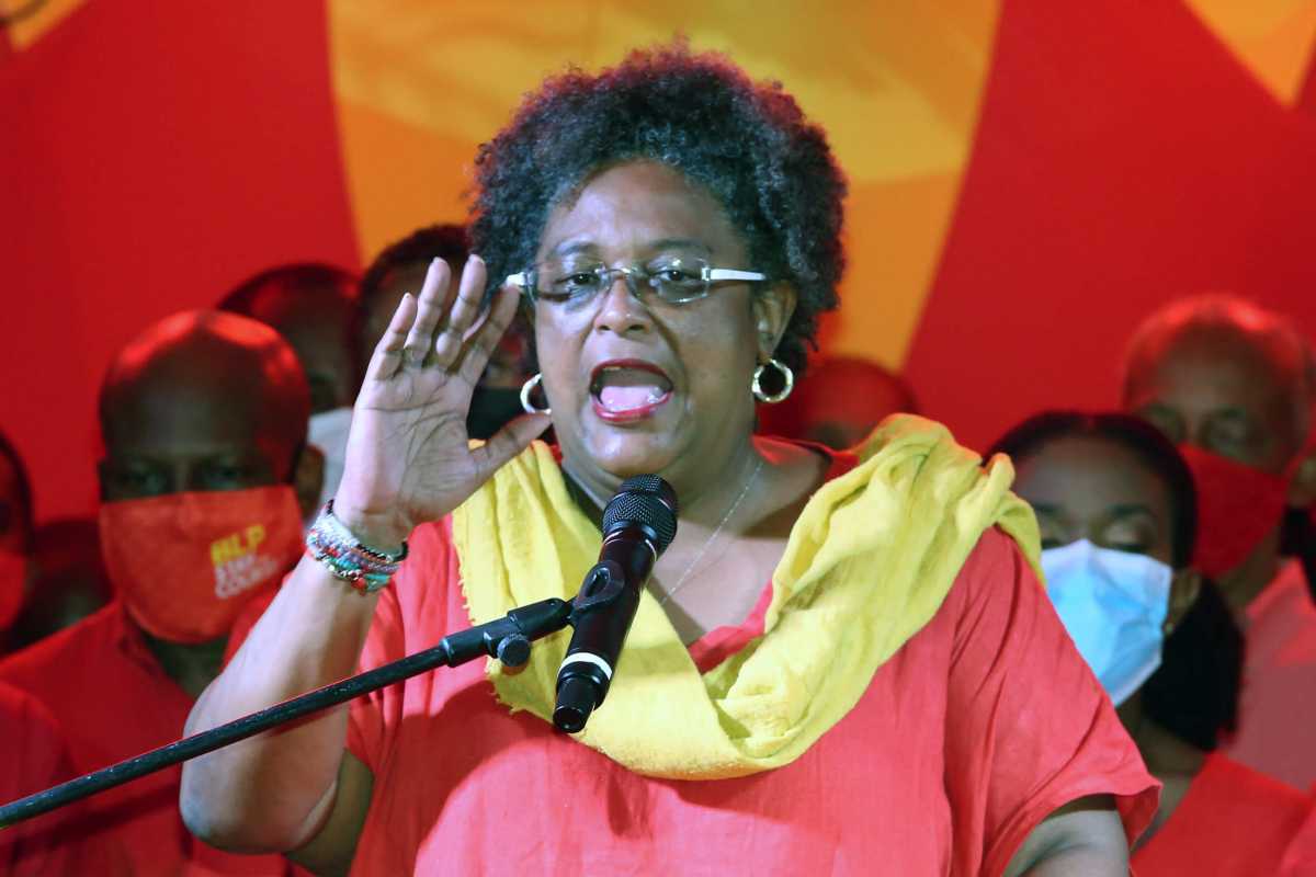 Barbados Prime Minister Mia Mottley speaks to supporters after winning a landslide victory in Bridgetown