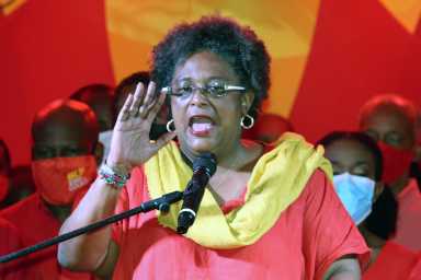 Barbados Prime Minister Mia Mottley speaks to supporters after winning a landslide victory in Bridgetown