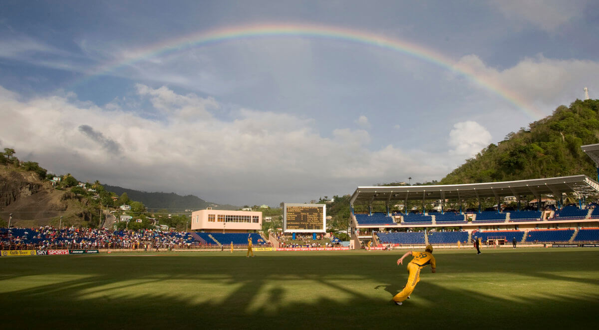 Rainbow forms over stadium during the second one-day cricket international between Australia and West Indies in Grenada