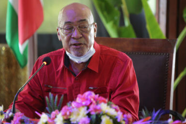 Former Suriname president Desi Bouterse speaks during a news conference in Paramaribo