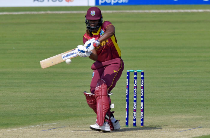 Hayley Matthews of West Indies plays a shot during the first one-day international cricket match against Pakistan at the National Stadium in Karachi, Pakistan, Monday, Nov. 8, 2021. 
