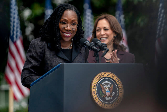 Judge Ketanji Brown Jackson, accompanied by Vice President Kamala Harris, speaks during an event on the South Lawn of the White House in Washington, Friday, April 8, 2022, celebrating the confirmation of Jackson as the first Black woman to reach the Supreme Court. 