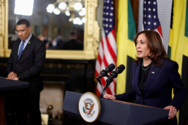 FILE PHOTO: U.S. Vice President Harris and Jamaica’s Prime Minister Holness speak to reporters in Washington