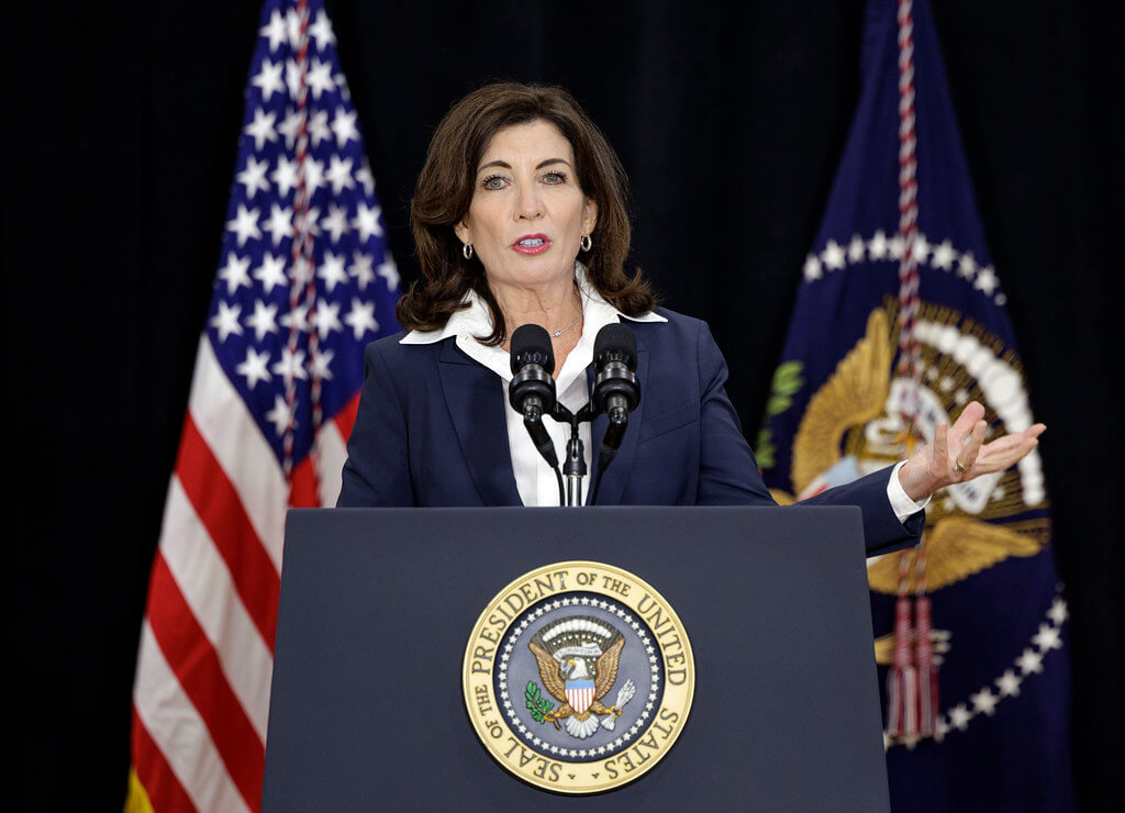 Gov. Kathy Hochul addresses town hall meeting.