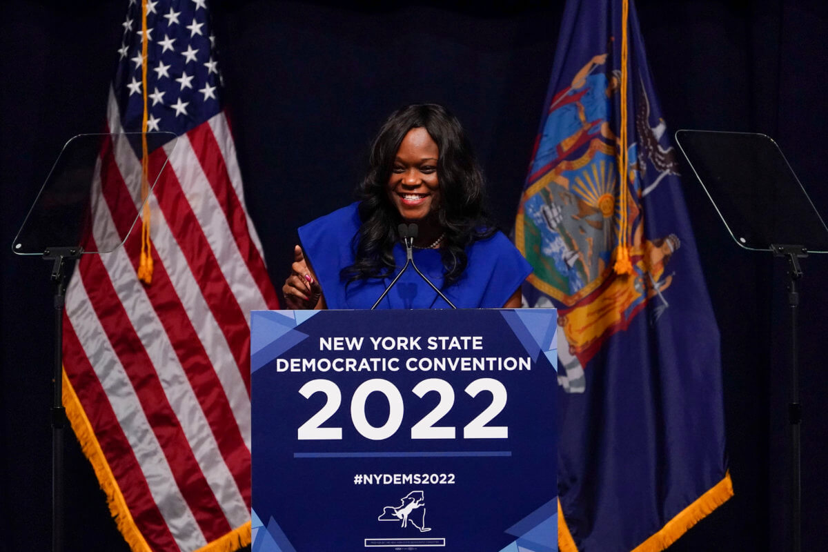 Assemblymember Rodneyse Bichotte Hermelyn speaks during the New York State Democratic Convention in New York, Thursday, Feb. 17, 2022.