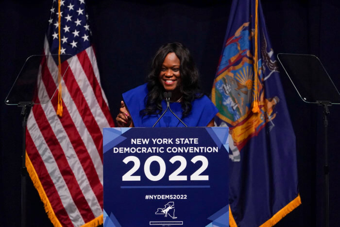 Assemblymember Rodneyse Bichotte Hermelyn speaks during the New York State Democratic Convention in New York, Thursday, Feb. 17, 2022. 