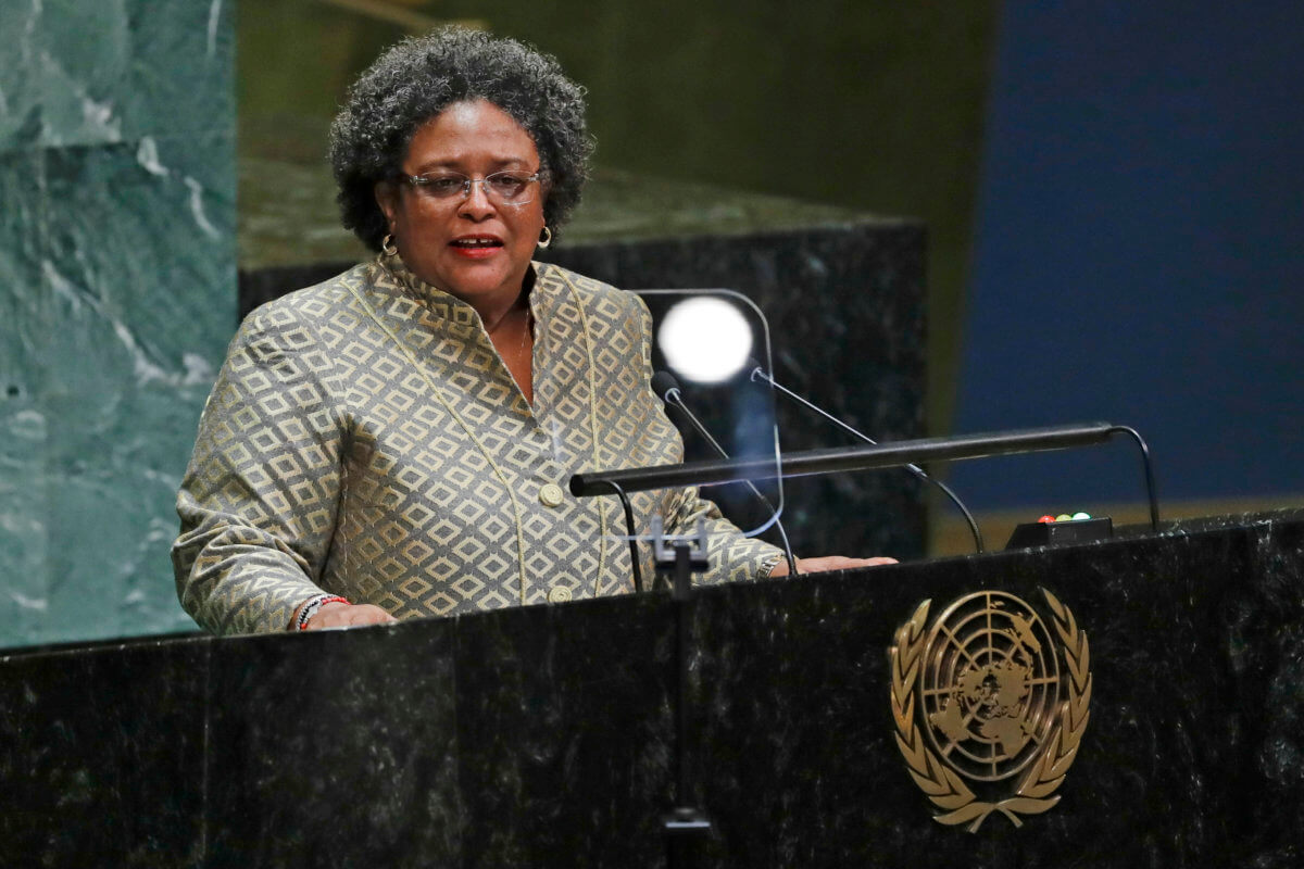 Barbados' Prime Minister Mia Amor Mottley addresses the 74th session of the United Nations General Assembly, Friday, Sept. 27, 2019, at the United Nations headquarters.