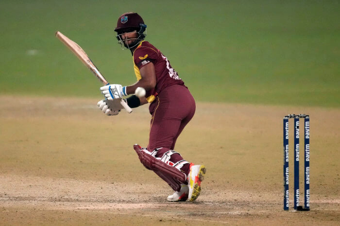 West Indies' Nicholas Pooran plays a shot during the third Twenty20 international cricket match between India and West Indies in Kolkata, India, Sunday, Feb. 20, 2022.