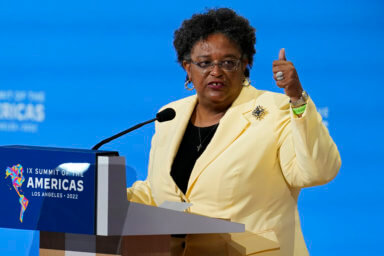 Barbados Prime Minister Mia Amor Mottley speaks during a plenary session at the Summit of the Americas, Friday, June 10, 2022, in Los Angeles.