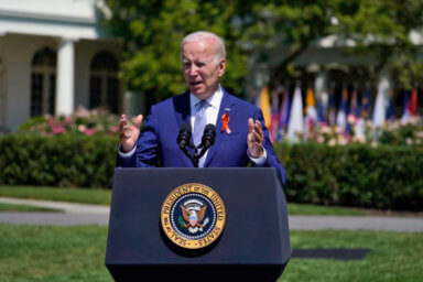 President Joe Biden speaks during an event to celebrate the passage of the "Bipartisan Safer Communities Act," a law meant to reduce gun violence, on the South Lawn of the White House, Monday, July 11, 2022, in Washington.
