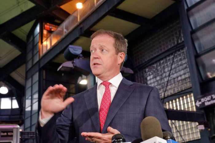 Richard Davey speaks to the press on his first day as New York City Transit President in Jackson Heights, Queens, May 2.