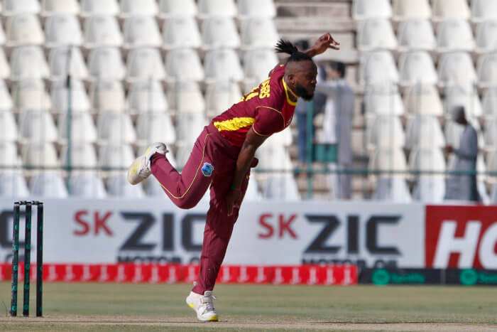 West Indies Kyle Mayers bowls during the second one-day international cricket match between Pakistan and West Indies at the Multan Cricket Stadium, in Multan, Pakistan, Friday, June 10, 2022.