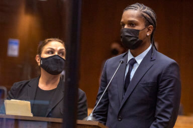 Rapper A$AP Rocky, right, appears in a Los Angeles Superior courtroom on Wednesday, Aug. 17, 2022, and pleaded not guilty to assault charges stemming from a November 2021 run-in with a former friend in Hollywood. The rapper, whose real name is Rakim Mayers, remains free on $550,000 bond and is due back in court Nov. 2, 2022.