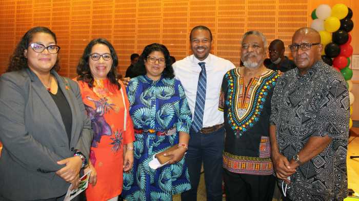 Diplomats and guests, from left: Mary A. Tang Yew, Consul in the Consulate General of the Republic of Trinidad and Tobago; Ambassador Carolyn Rodrigues-Birkett, permanent representative of Guyana to the United States; Mrs. Brotherson, Senator Jabari Brisport of the 25th Senate District in Brooklyn, Samuel Hinds, ambassador of Guyana to the United States of America, and newly appointed Consul General of Guyana to NY, ambassador Michael Brotherson.