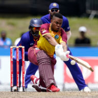 West Indies' Shimron Hetmyer bats during the fifth and final T20 cricket match against India, Sunday, Aug. 7, 2022, in Lauderhill, Fla. India won the match and the series.