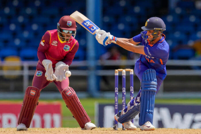 India's Shubman Gill plays a shot against West Indies during the third ODI cricket match at Queen's Park Oval in Port of Spain, Trinidad and Tobago, Wednesday, July 27, 2022. 