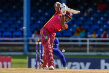 West Indies' Kyle Mayers is bowled by India's Mohammed SirajÊduring the third ODI cricket match at Queen's Park Oval in Port of Spain, Trinidad and Tobago, Wednesday, July 27, 2022.