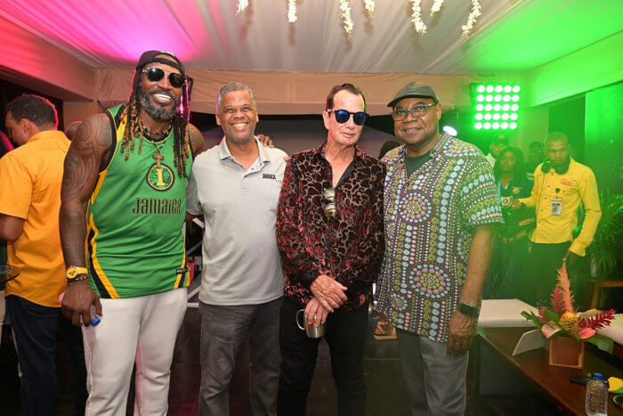 From left: International cricketer, Chris Gayle; Acting Deputy Director of Tourism, Jamaica Tourist Board, Peter Mullings; CEO, Downsound Records, and promoter of Reggae Sumfest, Joe Bogdanovich and Minister of Tourism, Jamaica, Edmund Bartlett.