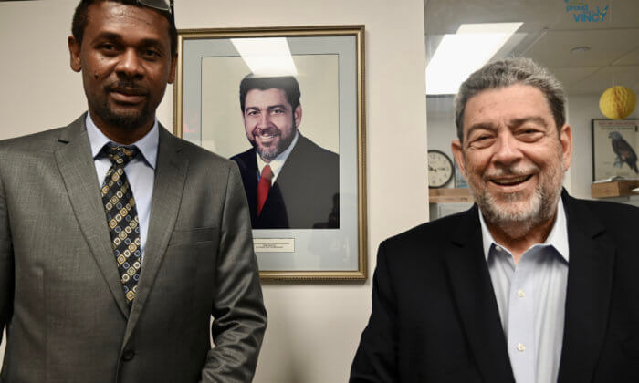 St. Vincent and Grenadines Consul General to the United States Rondy “Luta” McIntosh (left) with Prime Minister Ralph Gonsalves at the New York Consulate.