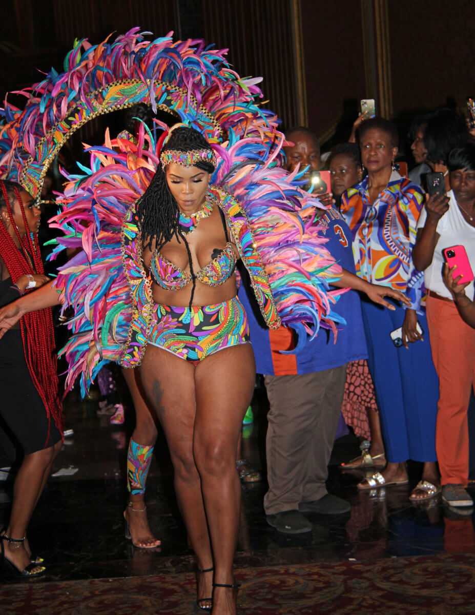 Masqueraders before the speeches began at the launch of NY Caribbean Carnival 2022.