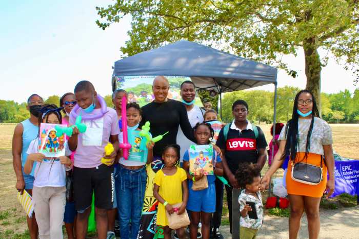 Award-winning author of Peach the Duck series, Kamla Millwood, with students after story time in Canarsie Park.
