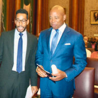 Brooklyn Borough President Antonio Reynoso, left, and Mayor Eric L. Adams in conversation before the start of T&T's 60th Anniversary of Independence celebration at Borough Hall.