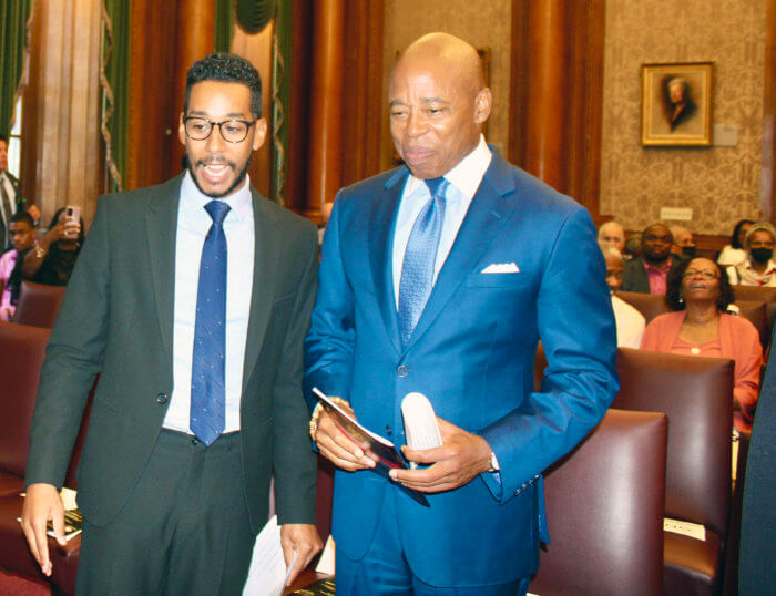 Brooklyn Borough President Antonio Reynoso, left, and Mayor Eric L. Adams in conversation before the start of T&T's 60th Anniversary of Independence celebration at Borough Hall.