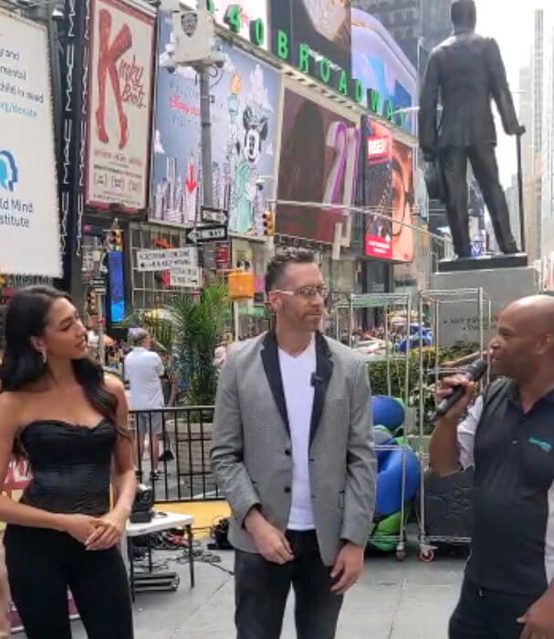 Miss New York USA Heather Nunez, celebrity host Todd Wharton during an interview with Tropicalfete President Alton Aimable at TropicalFete’s Pop-Up Caribbean Carnival in Times Square.