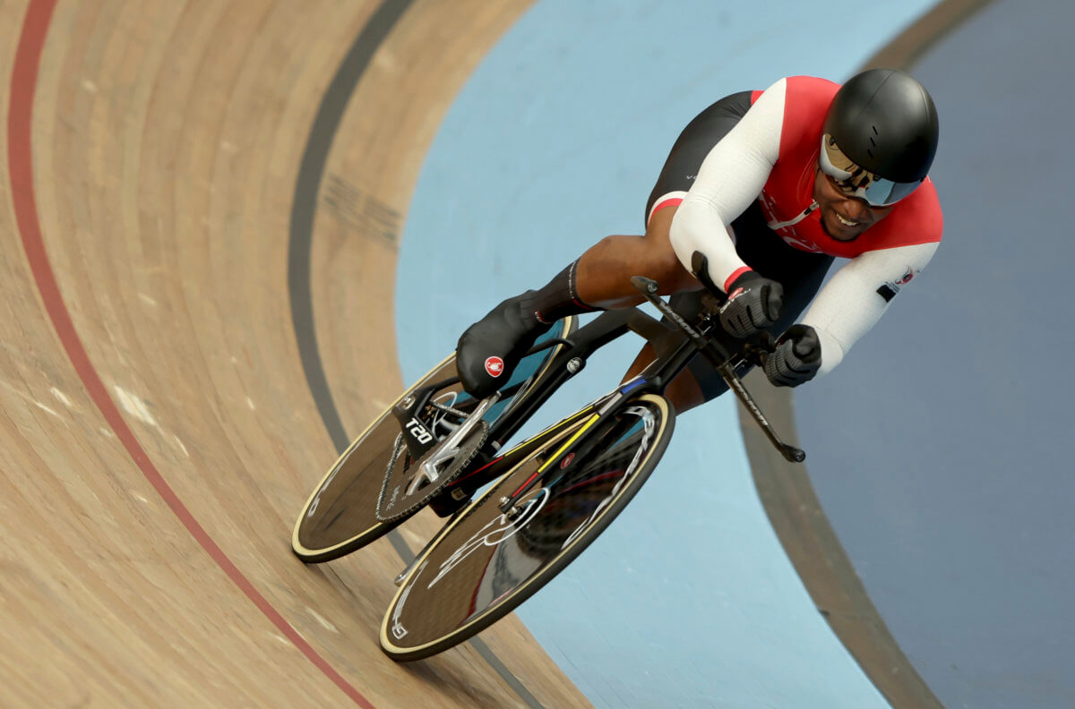Nicholas Paul of Trinidad And Tobago rides in the men's 1000m time trial final during the Commonwealth Games track cycling at Lee Valley VeloPark in London, Monday, Aug. 1, 2022.