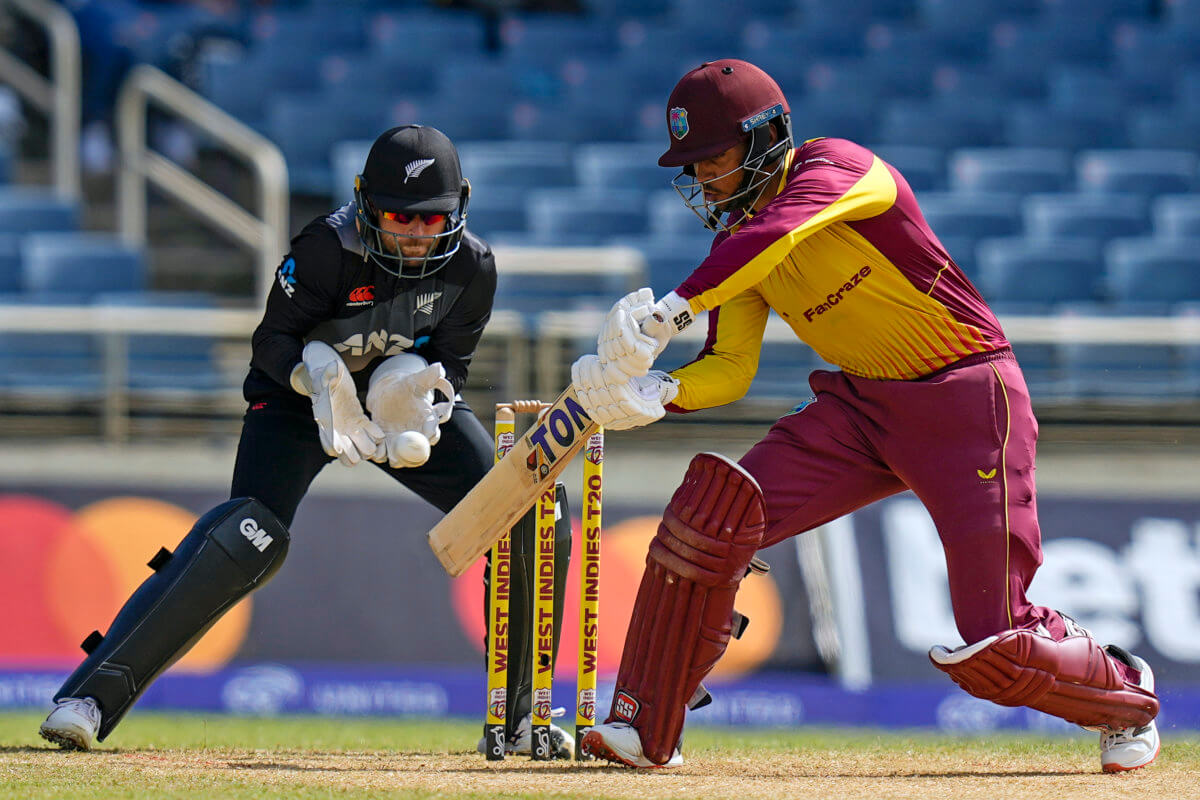 West Indies' Brandon King plays a shot against New Zealand during the third T20 cricket match at Sabina Park in Kingston, Jamaica, Sunday, Aug. 14, 2022.