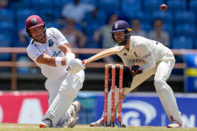 West Indies' Joshua Da Silva hits a four from the bowling of England's Jack Leach during day three of their third Test cricket match at the National Cricket Stadium in St. George, Grenada, Saturday, March 26, 2022.