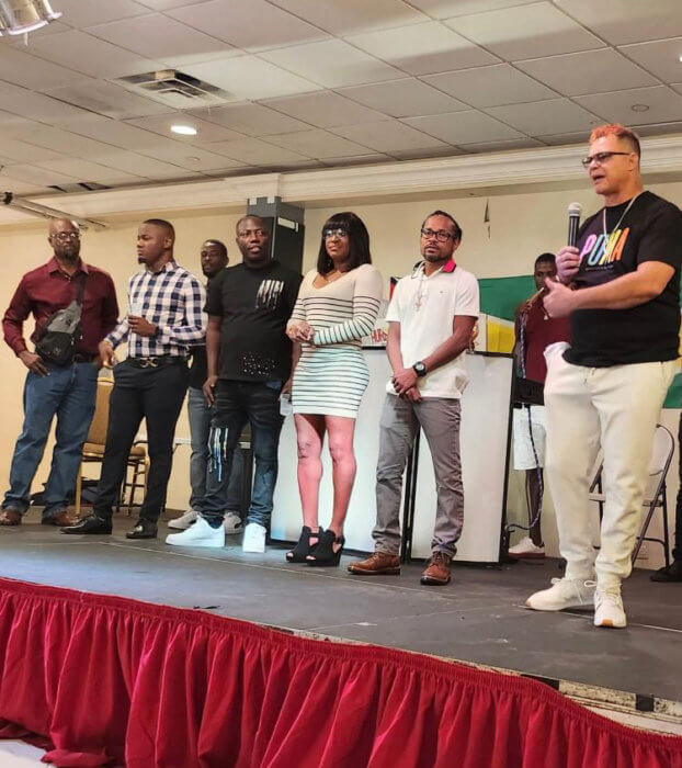 From left: Andre Wiltshire, Laured Stewart, Bradley Sampson, aka Doggie (friend), Leslyn Bobbsemple, Sheldon Brathwaite and Kirk Jardine aka Chow Pow.