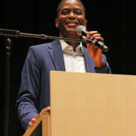 Grenada PM Dickon Mitchell addresses town hall at Brooklyn College on Sunday, Sept. 18, 2022.