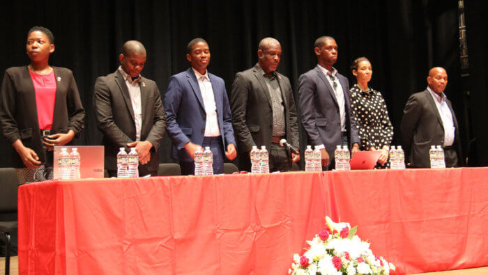 The Grenada delegation led by Prime Minister, Dickon Mitchell (third from left) at the town hall at Brooklyn College on Sunday, Sept. 18, 2022.