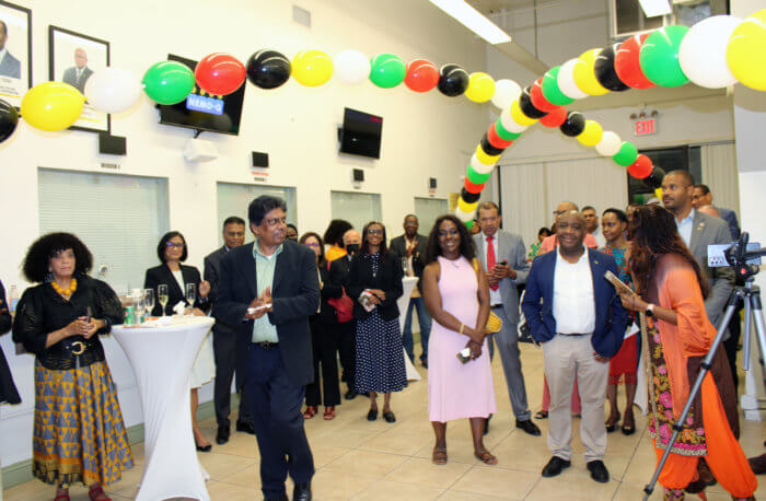 Guyanese in the diaspora listen with rapt attention as newly appointed CG Michael E. Brotherson addresses a Meet & Greet audience at the Guyana Consulate in New York city. 