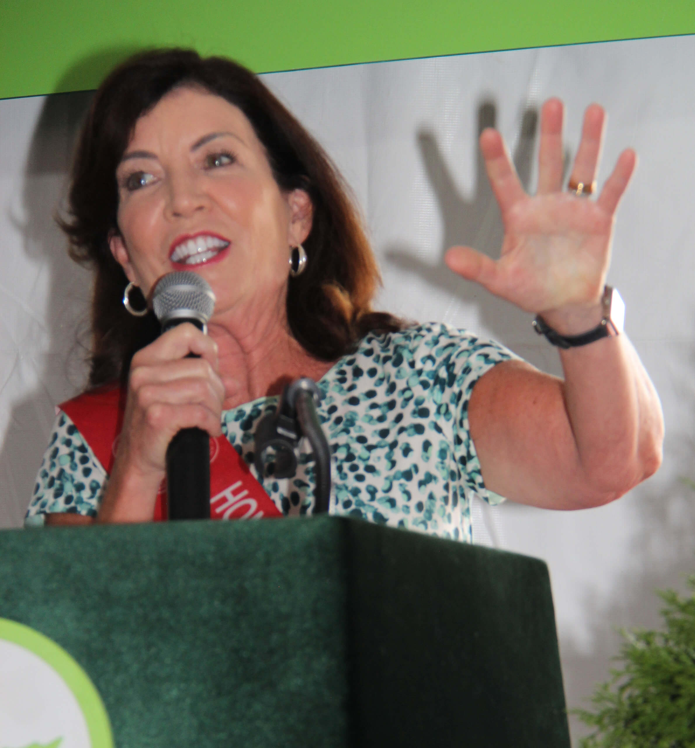 New York Gov. Kathy Hochul addresses pre-parade breakfast at the Lincoln Terrace Court in Brooklyn.