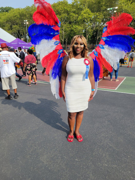 City Council Member Farah N. Louis, the daughter of Haitian and Bahamian immigrants, who represents the 45th Council District in Brooklyn, with costume outside the tent, at the pre-parade breakfast, at the Lincoln Terrace Court on Buffalo Avenue in Brooklyn.