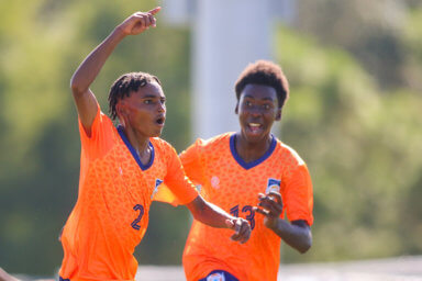 Jared Simeins #2 and his teammate Rochard Grant of Anguilla celebrates after scoring against US Virgin Islands in the Concacaf U-17 men´s qualifiers on Sept. 6, 2022 at Bradenton, Florida.