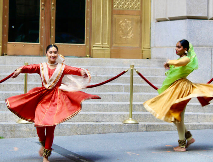 Srijan Dance Center members go through their paces at the T&T Golden Jubilee flag raising event at Bowling Green in NYC. 