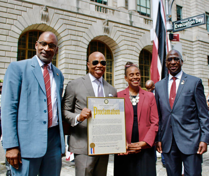From left: CG J. Andre Laveau, Mayor Eric L. Adams, Deputy Mayor Williams-Isom, and Amb. Anthony Phillips Spencer, as Aug. 31, 2022 was proclaimed T&T Heritage Day in New York city and a proclamation handed over. 