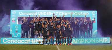 Mexico team celebrates triumph at the final match beetween Mexico national team soccer and United States national team soccer as part of Under 17s Championship 2019, held at the IMG Academy, Bradenton, Florida.