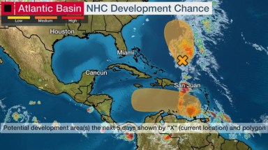 Possible NHC Development Areas (The possible area(s) of tropical development according to the latest National Hurricane Center outlook are shown by polygons, color-coded by the chance of development over the next five days. An "X" indicates the location of a current disturbance.)